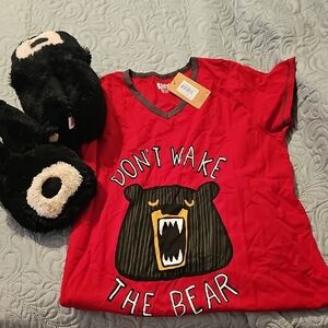 Lazy One Red 'Don't Wake the Bear' Sleep Shirt And Matching Bear Slippers